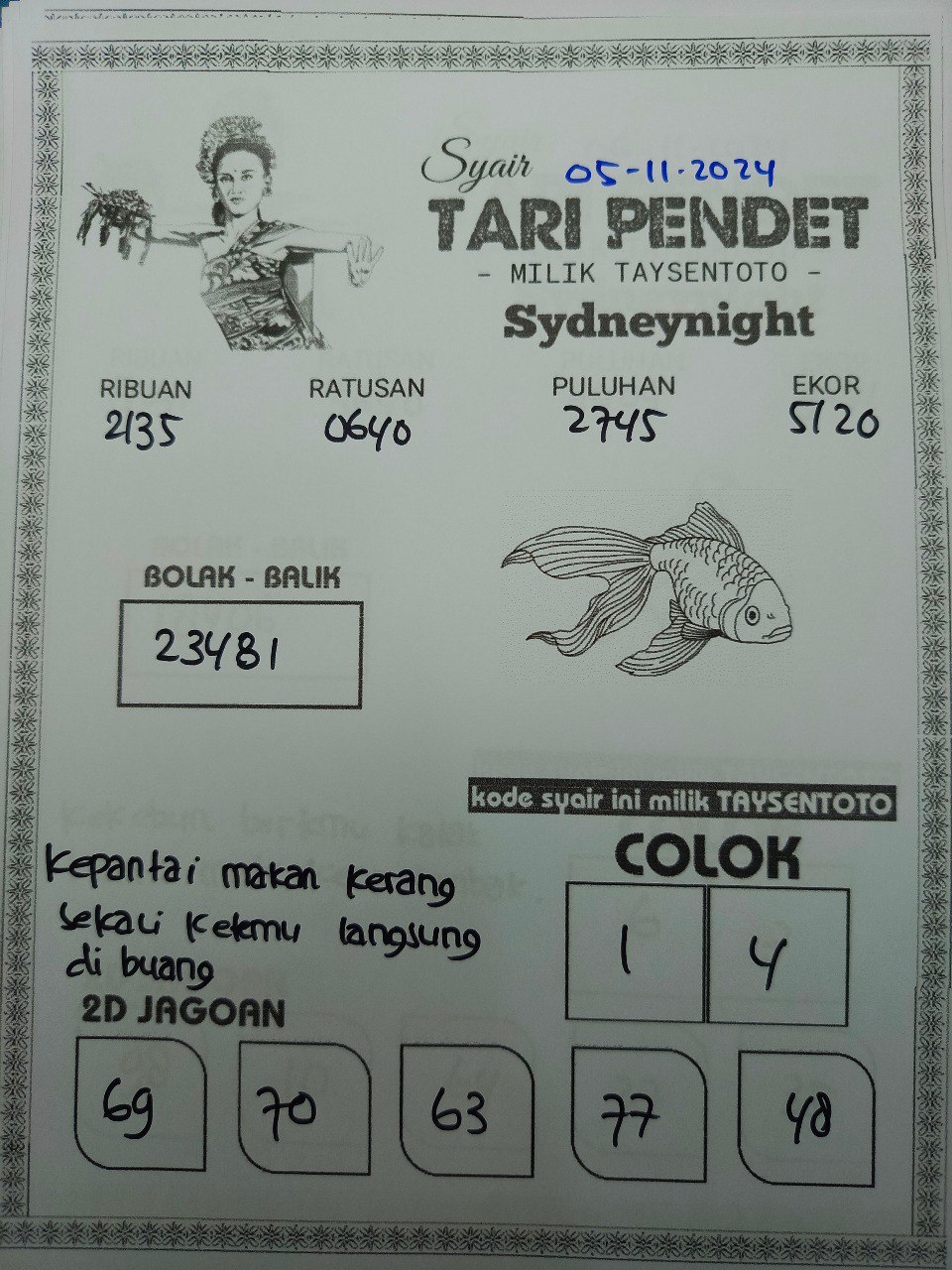 Syair Tari Pendet SydneyNight Hari ini Selasa, 05 November 2024