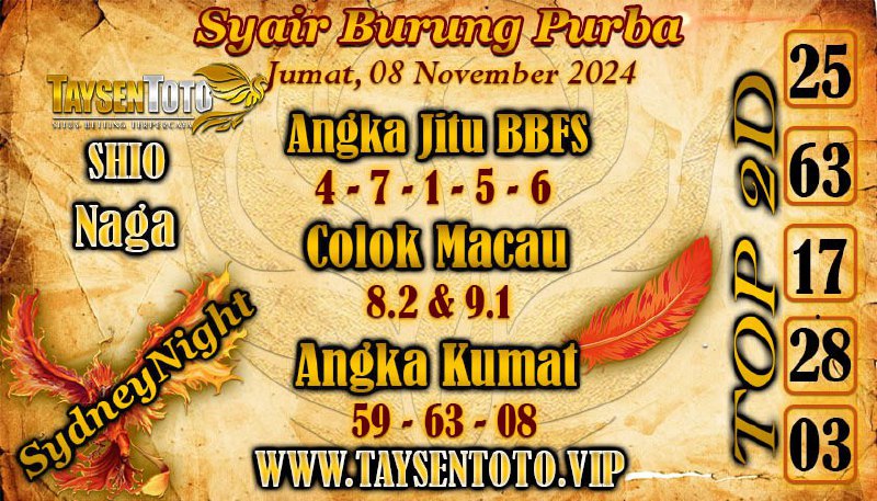 Syair Burung Purba SydneyNight Hari ini Jumat, 08 November 2024