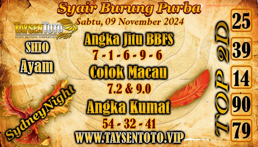 Syair Burung Purba SydneyNight Hari ini Sabtu, 09 November 2024