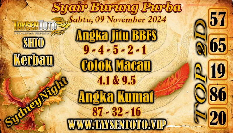 Syair Burung Purba SydneyNight Hari ini Minggu, 10 November 2024