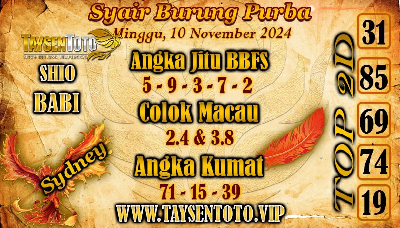 Syair Burung Purba Sydney Hari ini Minggu, 10 November 2024