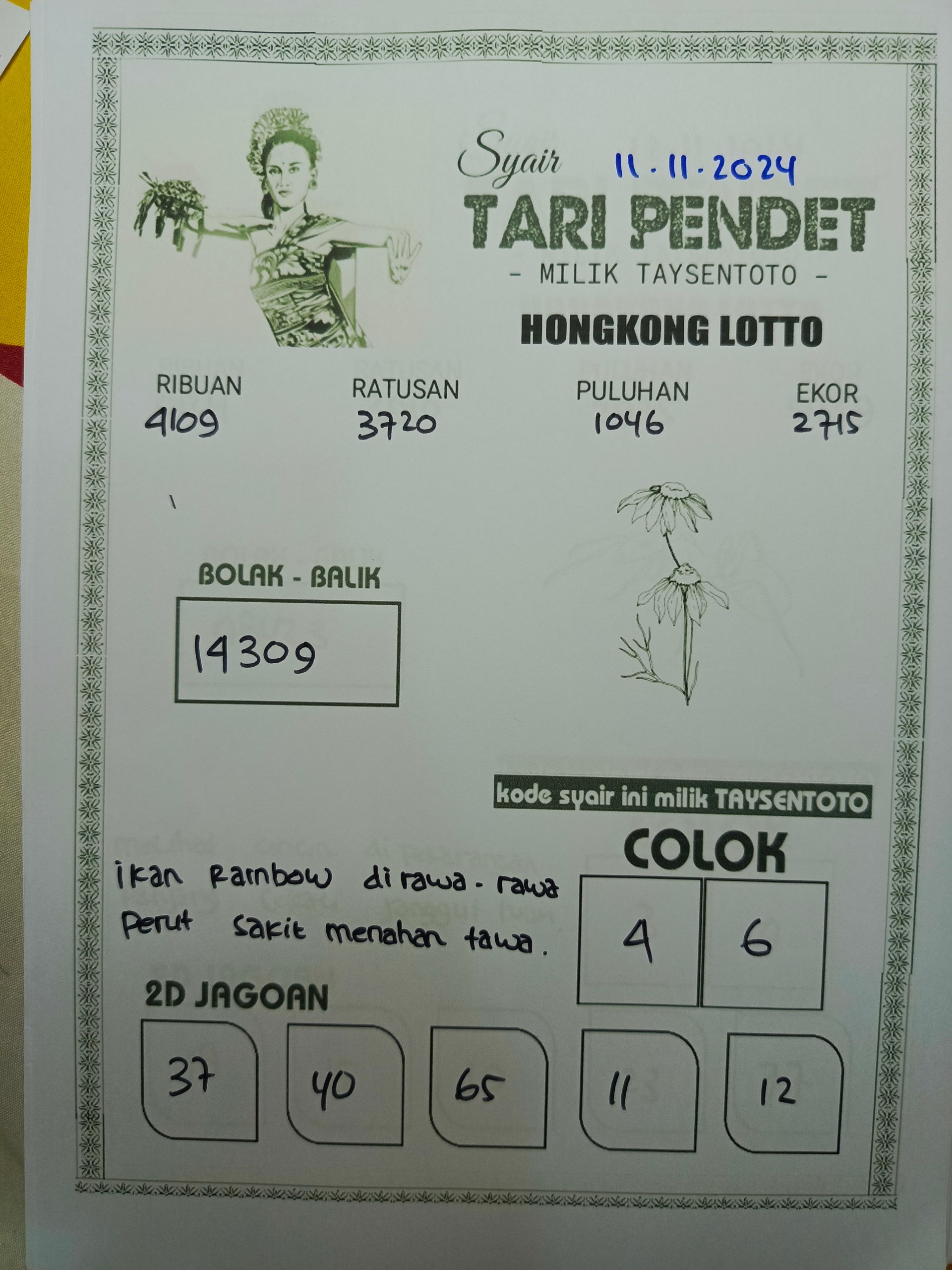 Syair Tari Pendet HK Hari Senin, 11 November 2024