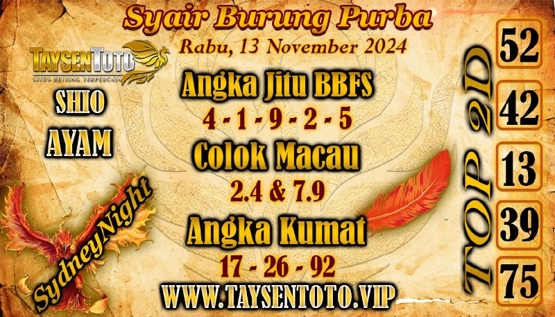 Syair Burung Purba SydneyNight Hari ini Rabu, 13 November 2024