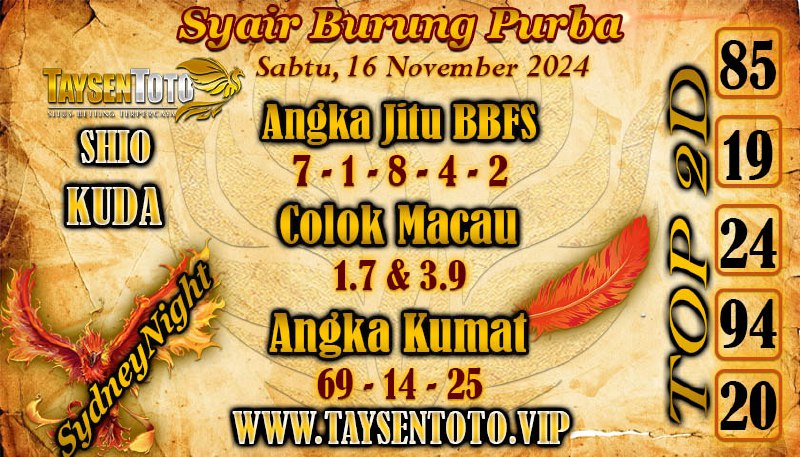 Syair Burung Purba SydneyNight Hari ini Sabtu, 16 November 2024