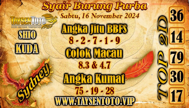 Syair Burung Purba Sydney Hari ini Sabtu, 16 November 2024