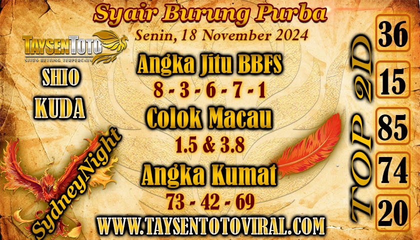 Syair Burung Purba SydneyNight Hari ini Senin, 18 November 2024