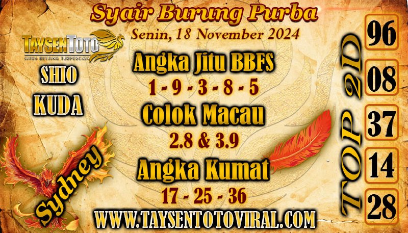 Syair Burung Purba Sydney Hari ini Senin, 18 November 2024