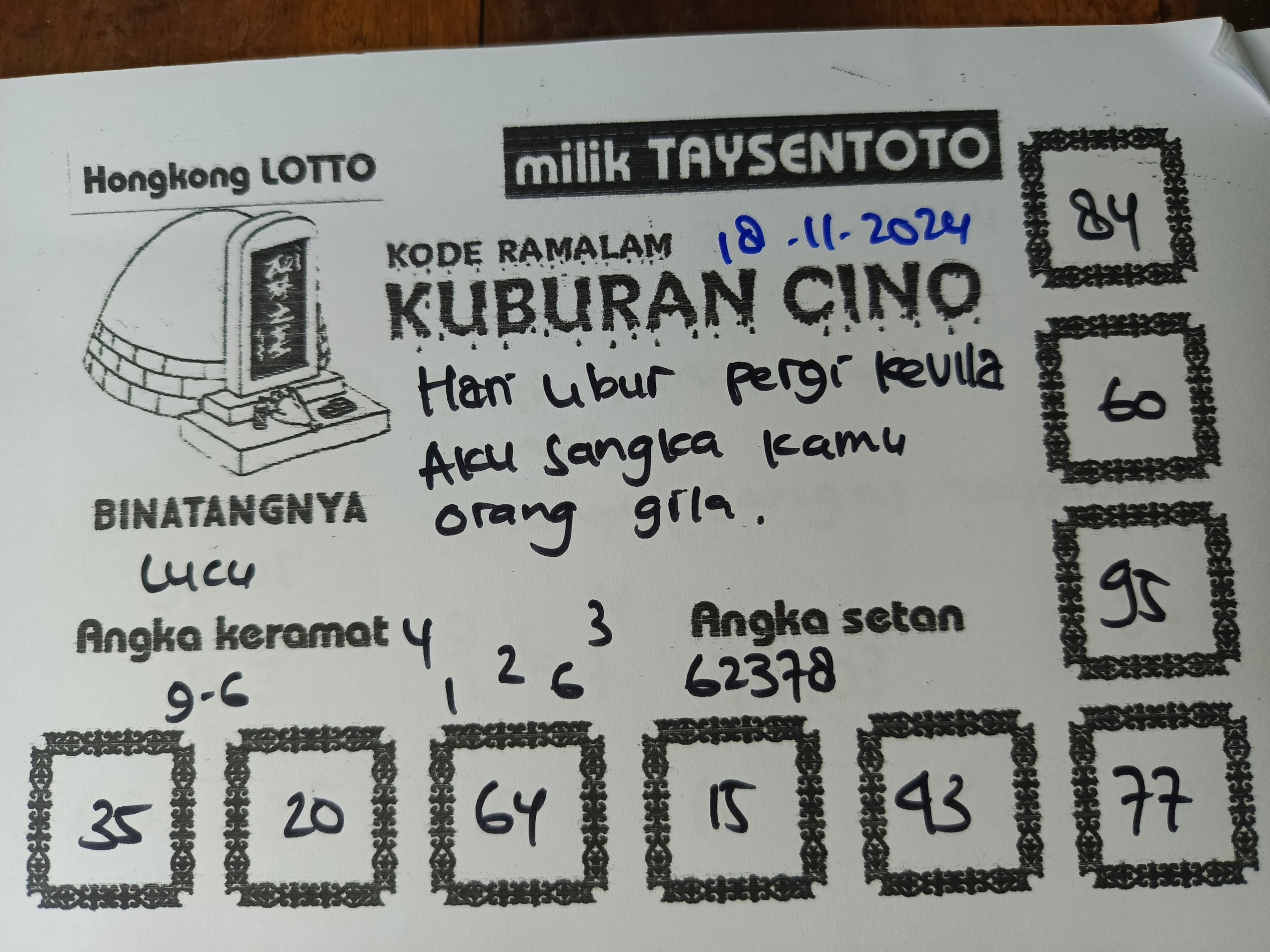 Syair Kuburan Cino HK Hari Senin, 18 November 2024