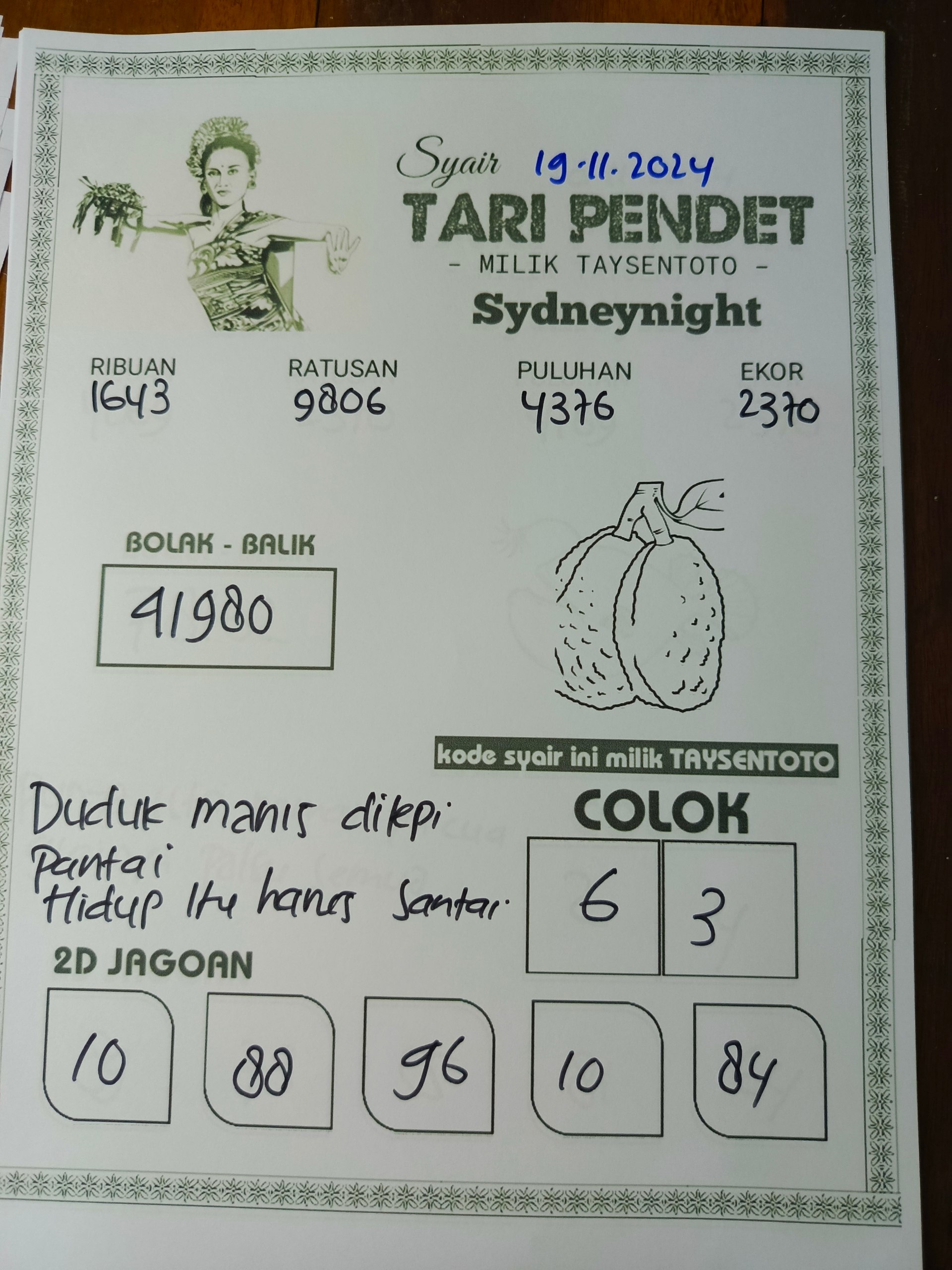 Syair Tari Pendet SydneyNight Hari ini Selasa, 19 November 2024