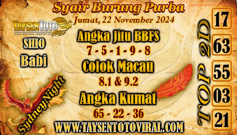 Syair Burung Purba SydneyNight Hari ini Jumat, 22 November 2024