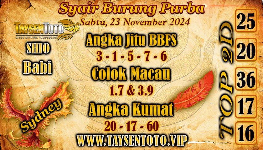 Syair Burung Purba Sydney Hari ini Sabtu , 23 November 2024