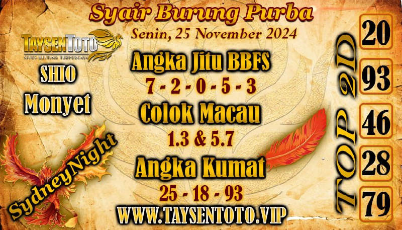 Syair Burung Purba SydneyNight Hari ini Senin, 25 November 2024