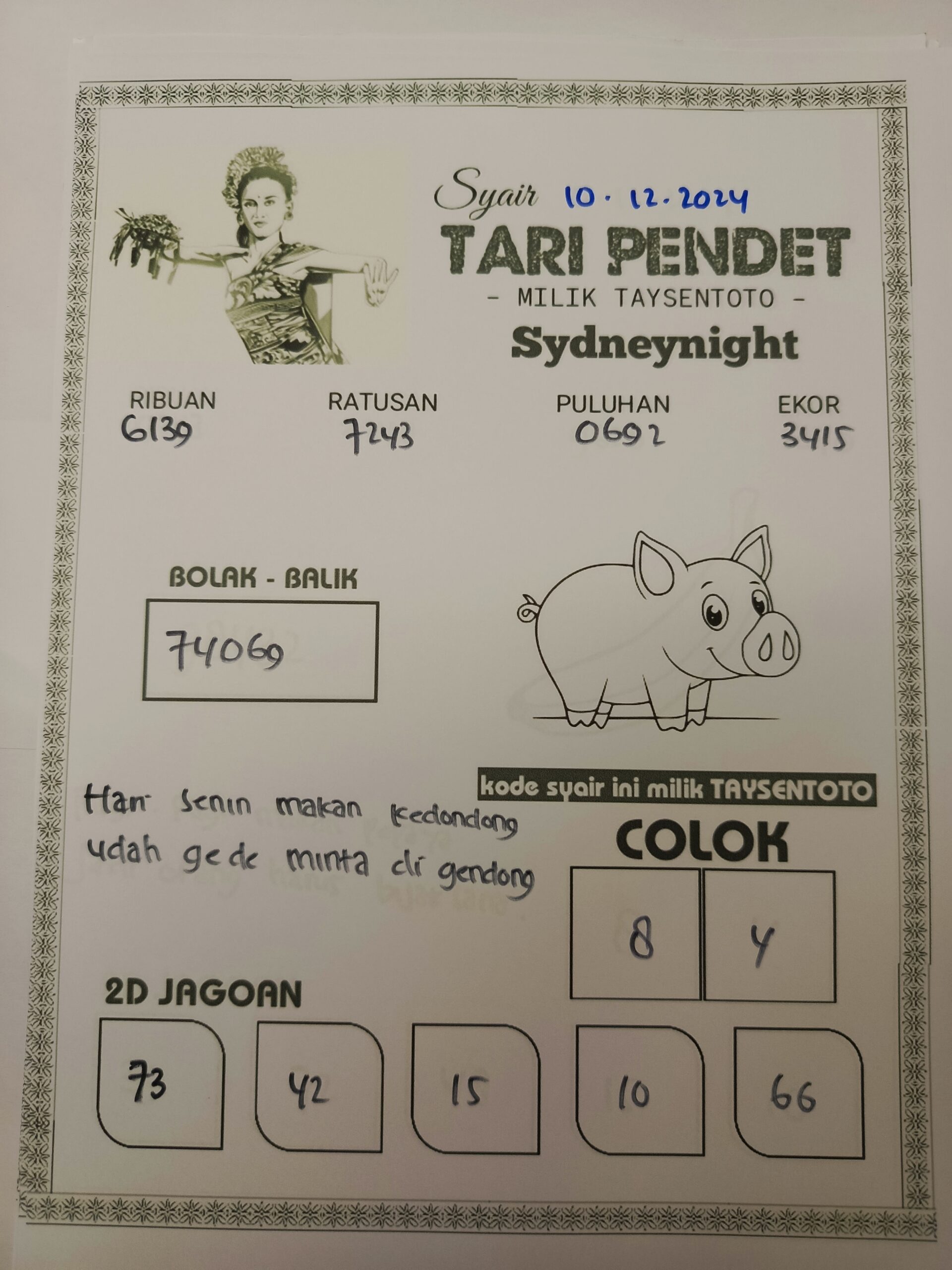 Syair Tari Pendet SydneyNight Hari ini Selasa, 10 Desember 2024