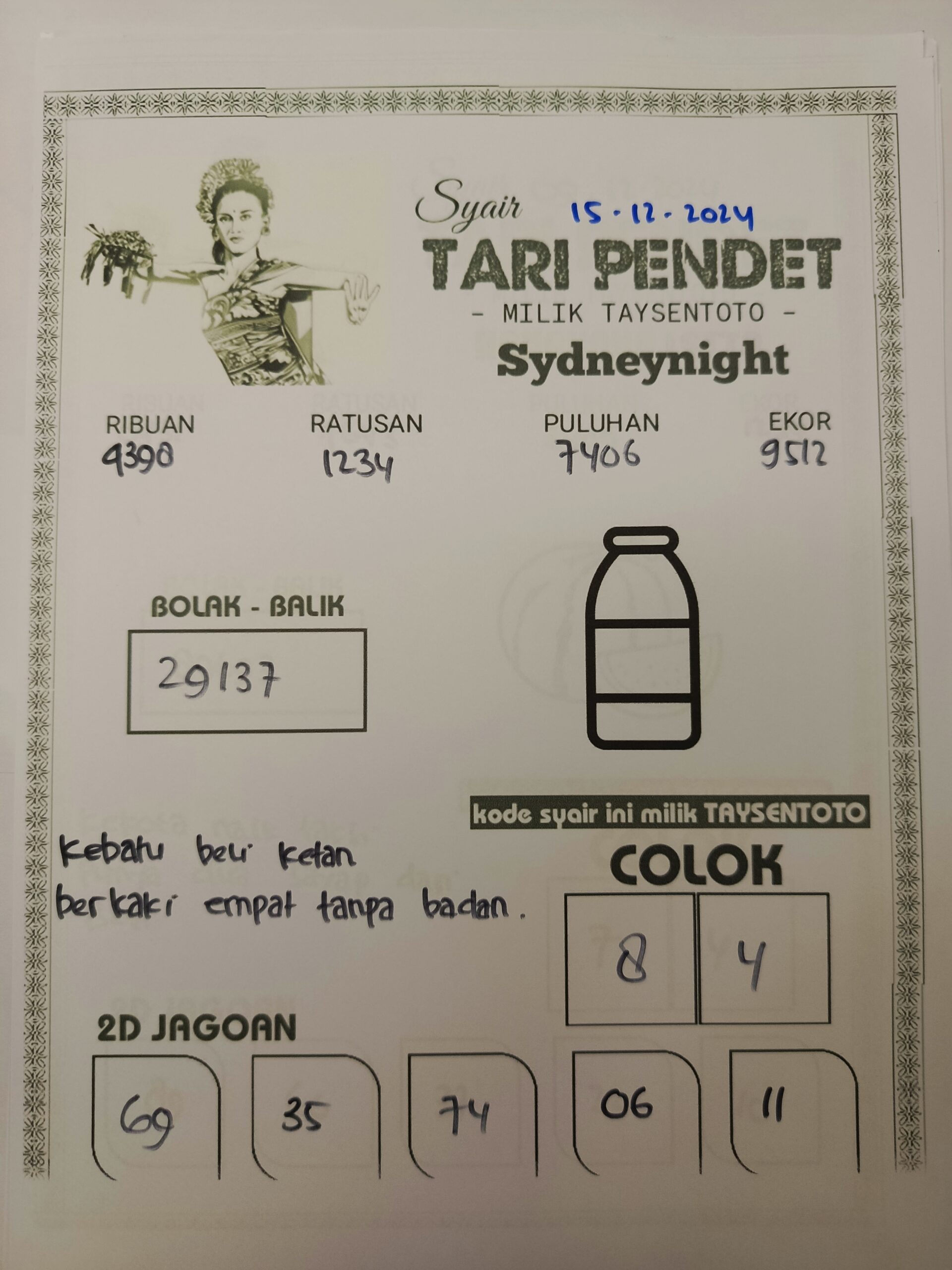 Syair Tari Pendet SydneyNight Hari ini Minggu, 15 Desember 2024