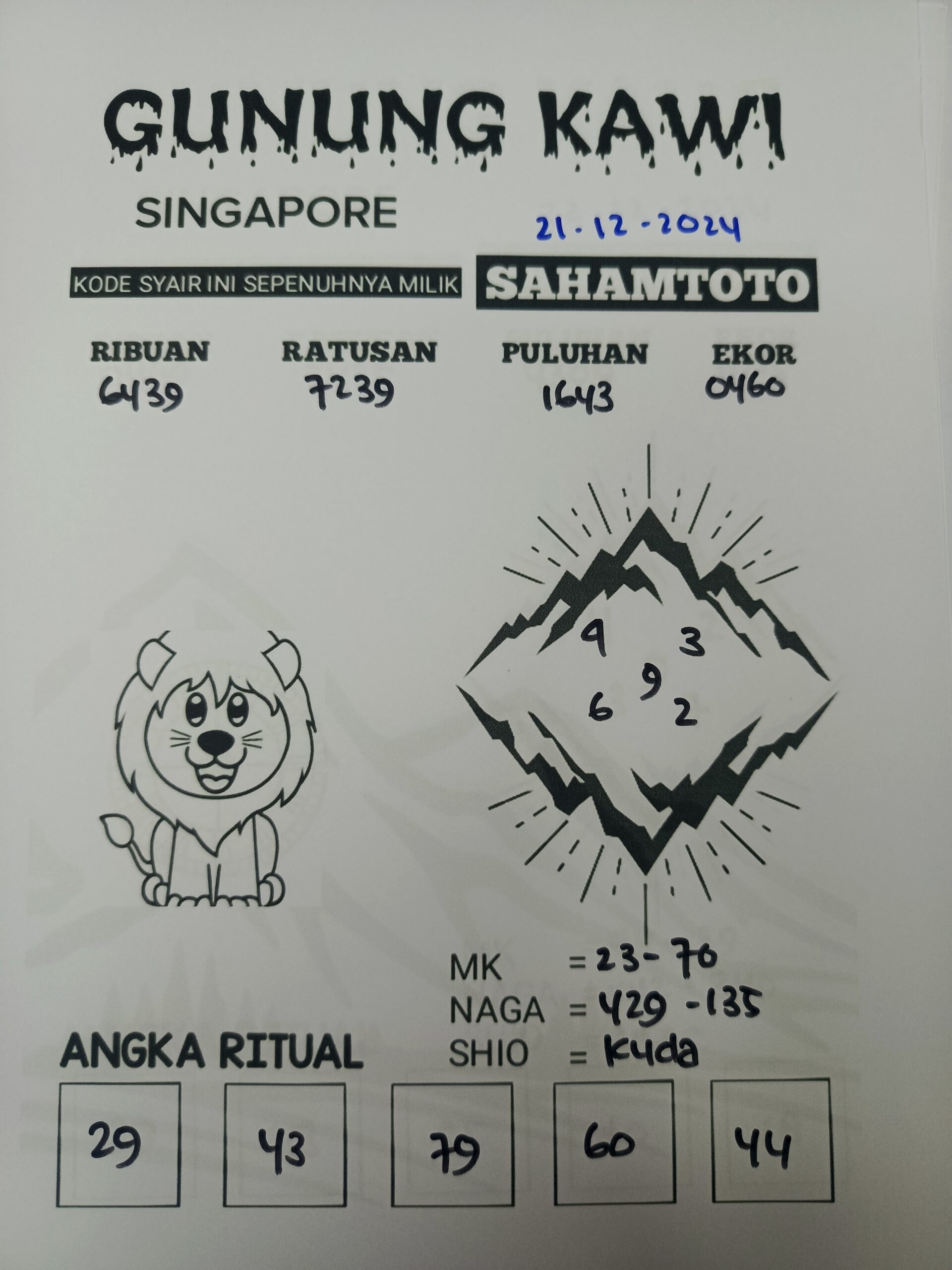 Syair Gunung kawi Singapore Pools Hari Ini Sabtu 21 Desember 2024