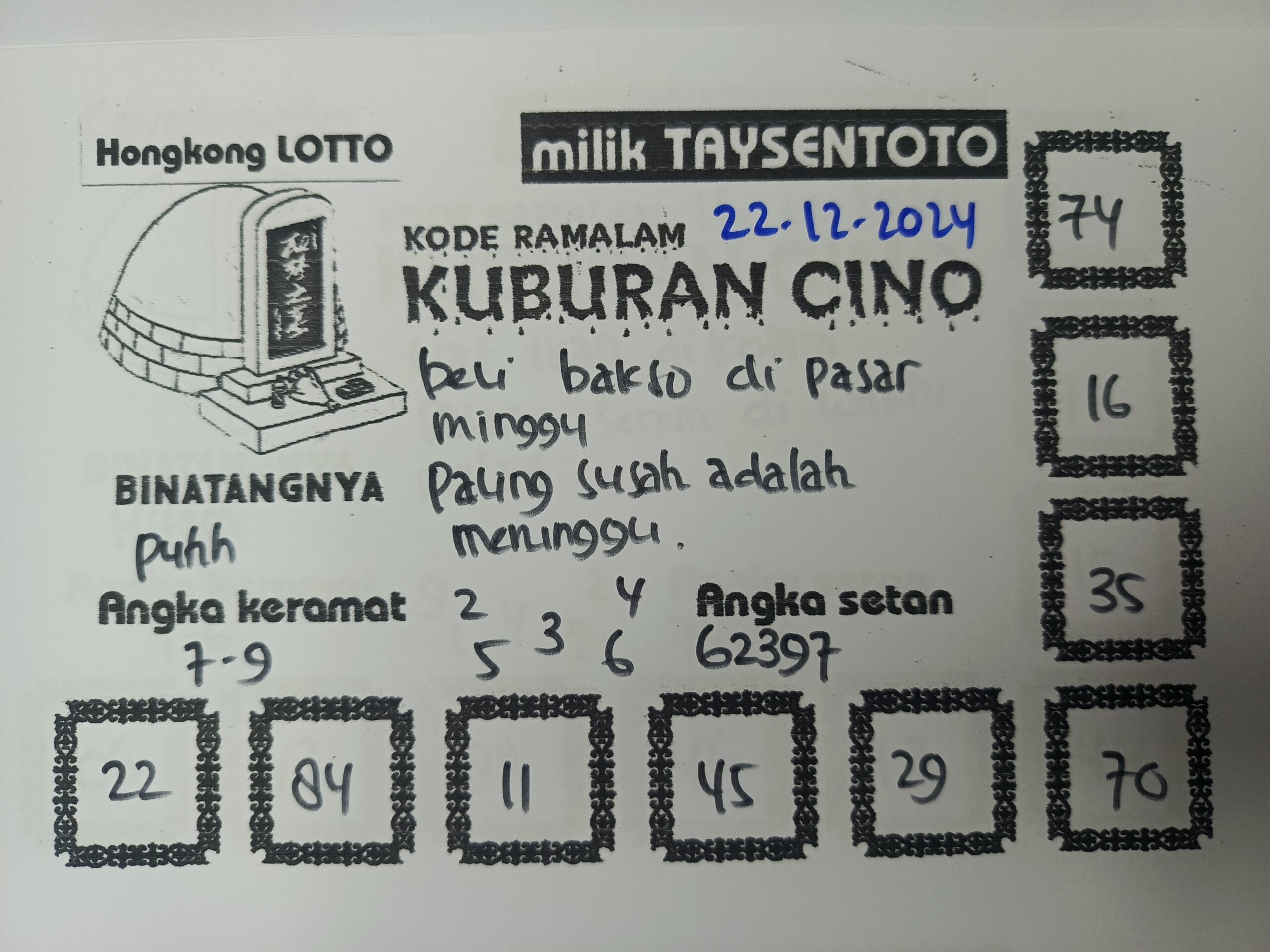 Syair Kuburan CIno HK Hari Minggu, 22 Desember 2024