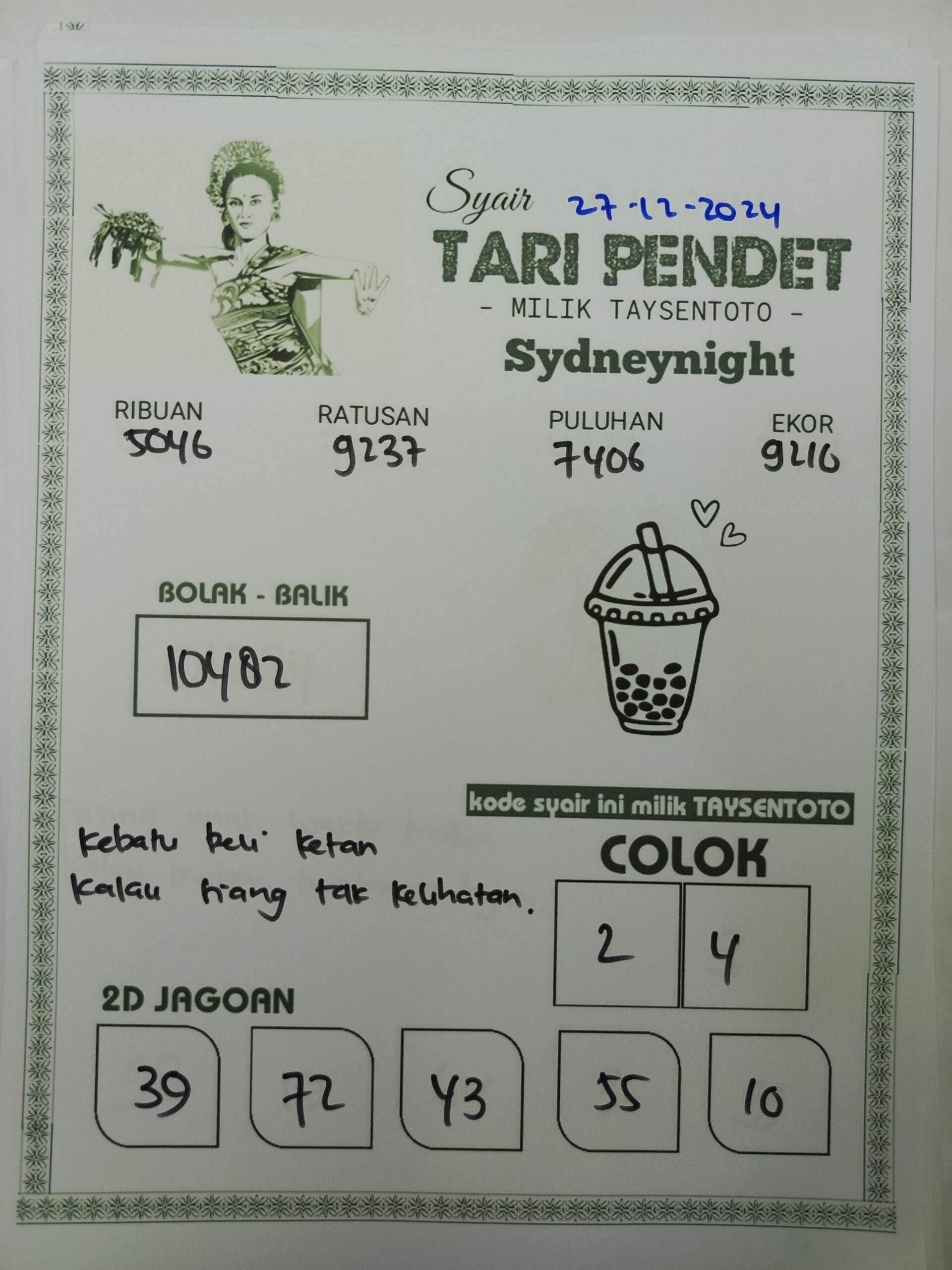 Syair Tari Pendet SydneyNight Hari ini Jumat, 27 Desember 2024