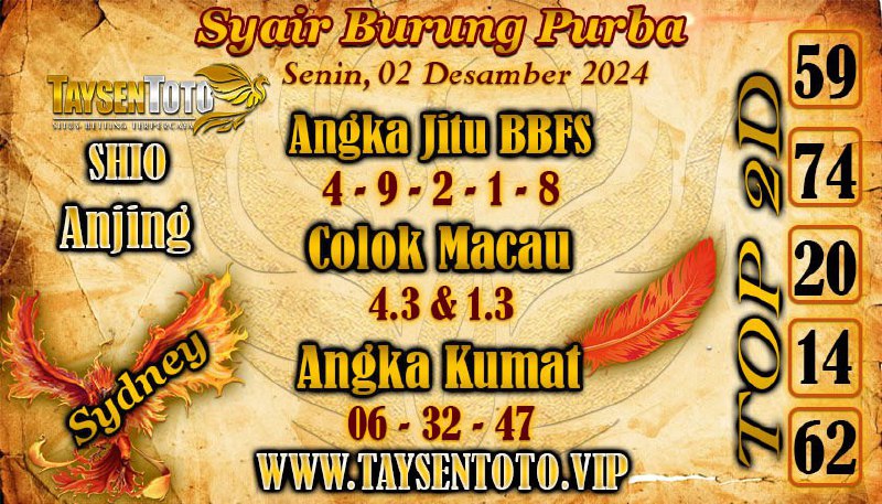 Syair Burung Purba Sydney Hari ini Senin, 02 Desember 2024