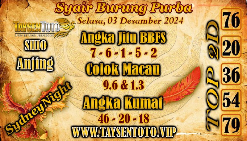 Syair Burung Purba SydneyNight Hari ini Senin, 02 Desember 2024