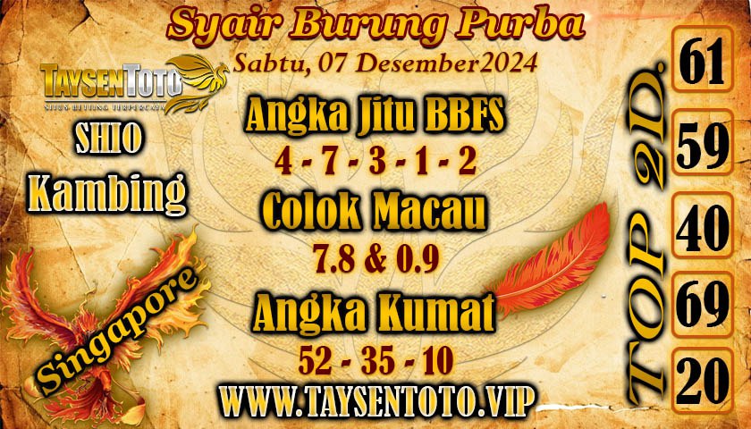 Syair Burung Purba SGP Hari ini Sabtu, 07 Desember 2024