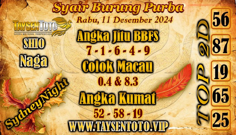 Syair Burung Purba SydneyNight Hari ini Rabu, 11 Desember 2024