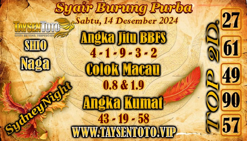 Syair Burung Purba SydneyNight Hari ini Sabtu, 14 Desember 2024