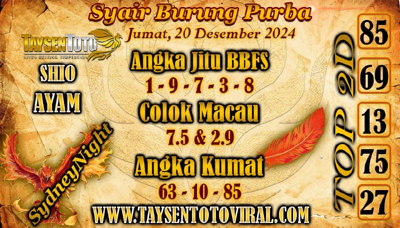 Syair Burung Purba SydneyNight Hari ini Jumat, 20 Desember 2024