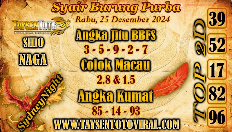 Syair Burung Purba SydneyNight Hari ini Rabu, 25 Desember 2024