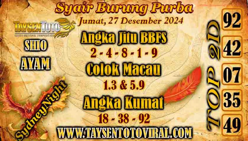 Syair Burung Purba SydneyNight Hari ini Jumat, 27 Desember 2024