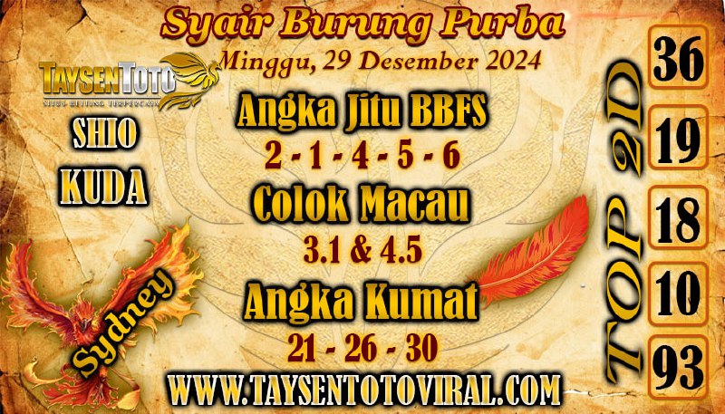 Syair Burung Purba Sydney Hari ini Minggu, 29 Desember 2024