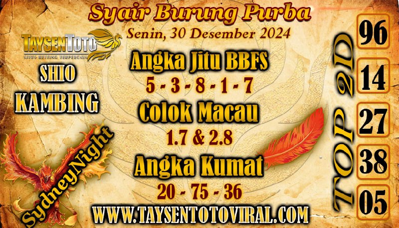 Syair Burung Purba SydneyNight Hari ini Senin, 30 Desember 2024