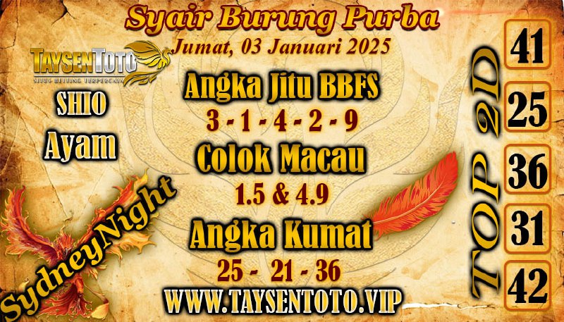 Syair Burung Purba SydneyNight Hari ini Jumat, 03 Januari 2025